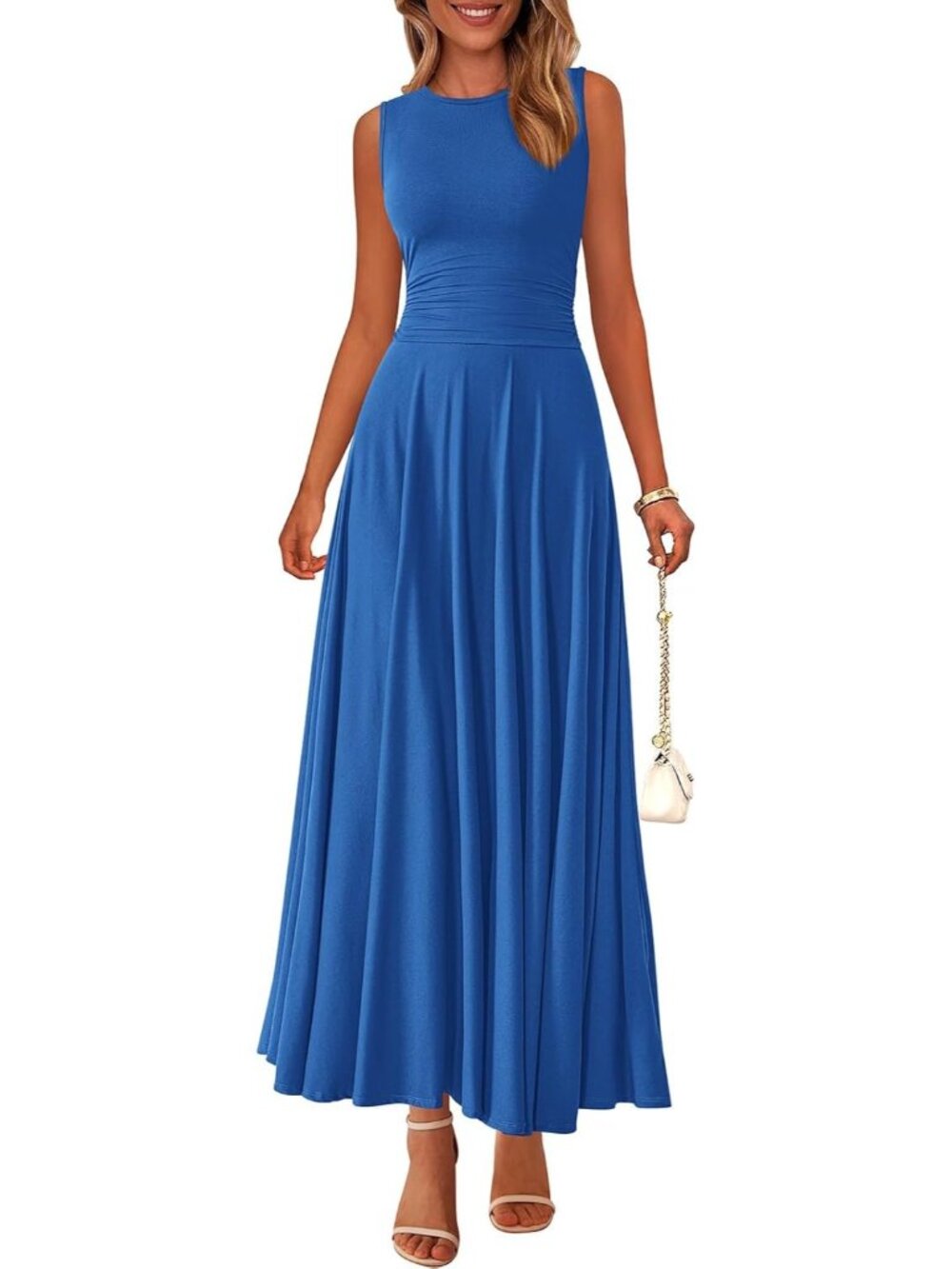 Women's Blue Summer Dresses Casual Sleeveless Crewneck Flowy Aline Maxi Dress